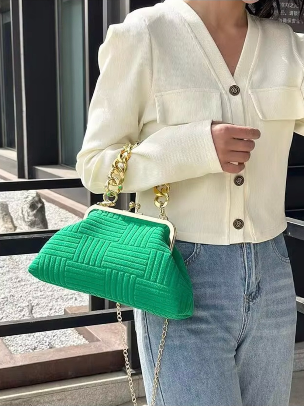 Emerald Quilted Frame Top-Handle Bag - Green